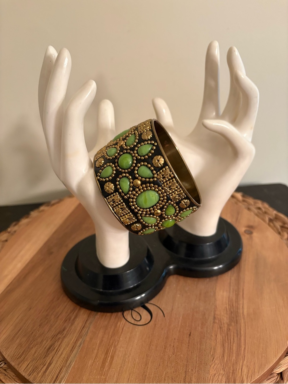 Gold-Tone Cuff Bracelet with Green Cabochons